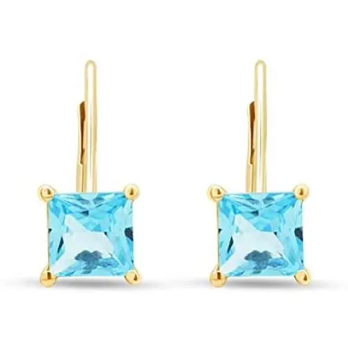 Princess Cut Simulated Aquamarine Lever Back Drop Earrings in 14k Gold Over Sterling Silver (2 cttw) Princess Cut Simulated Aquamarine Lever Back Drop Earrings in 14k Gold Over Sterling Silver (2 cttw)