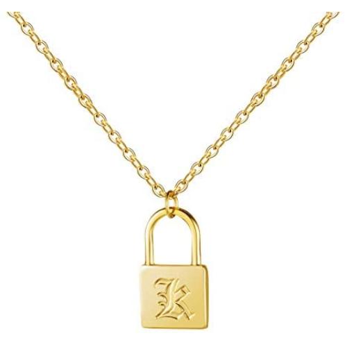 MEMGIFT 18K Real Gold Dainty Initial Lock Necklace Cute Simple Minimalist Personalized Jewelry Letter Engraved for Girlfriend Wife Mom Daughter Best Friend Sister Fiancee
