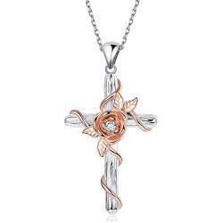 Sllaiss Sterling Silver Rose Cross Pendant Necklace White/Rose Gold Plated Crystals From Austria Religious Faith Jewelry For Women