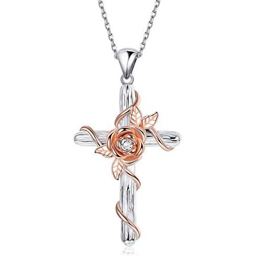 Sllaiss Sterling Silver Rose Cross Pendant Necklace White/Rose Gold Plated Crystals From Austria Religious Faith Jewelry For Women