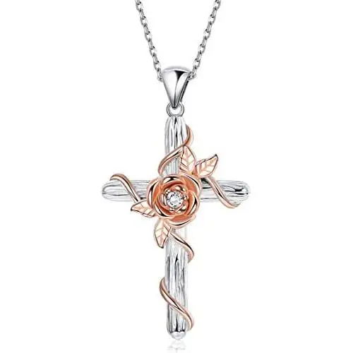 Sllaiss Sterling Silver Rose Cross Pendant Necklace White/Rose Gold Plated Crystals From Austria Religious Faith Jewelry For Women