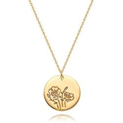 MYEARS Women Coin Necklace Gold Birth Month August Poppy Flower Bouquet Disc Round Medal Pendant Engraved Floral 14K Gold Plated Combined Personalized Jewelry Birthday Mother’s Day Gift