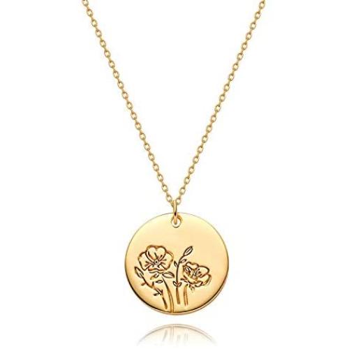 MYEARS Women Coin Necklace Gold Birth Month August Poppy Flower Bouquet Disc Round Medal Pendant Engraved Floral 14K Gold Plated Combined Personalized Jewelry Birthday Mother’s Day Gift