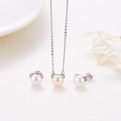 CDE s925 Sterling Silver Pearl Necklace and Earring for Girls Tiny Cute Bear Freshwater Cultured Pearl Pendant 16''+2'' Stud Earrings Set for Birthday Jewelry Gifts for Child with Box