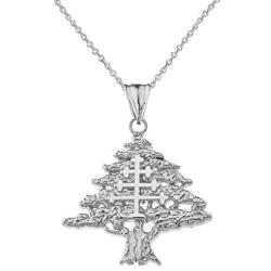 Fine Sterling Silver Lebanese Cedar Tree with Maronite Cross Pendant Necklace