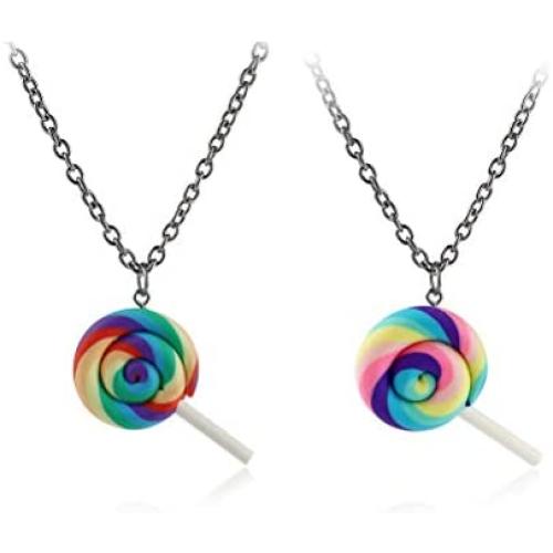 2pcs Cute Colorful Rainbow Lollipop Necklace Adjustable Long Sweater Chain Lovely Swirl Lollipop Candy Pendant Sugar Sweets Jewelry Set for Women Girl Men