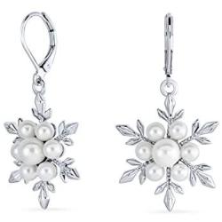 Christmas White Simulated Pearl Holiday Party Snowflake Pendant Necklace Earring Jewelry Set for Women Leverback Silver Plated