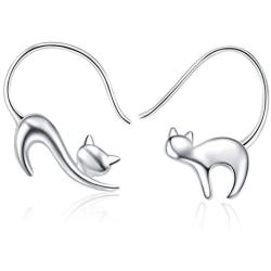Cat Dangle Earrings 925 Sterling Silver Pull Through Animal Cat Hoop Earrings for Women Christmas Gifts(Cat earrings 1)