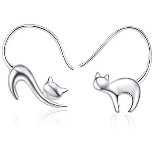 Cat Dangle Earrings 925 Sterling Silver Pull Through Animal Cat Hoop Earrings for Women Christmas Gifts(Cat earrings 1)