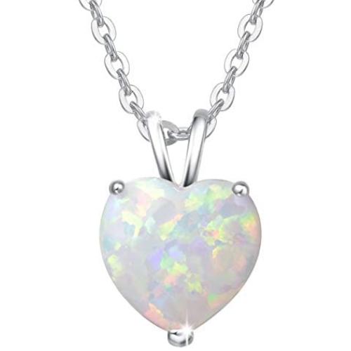 FANCIME Valentines Day Gifts Heart Necklace for Women Sterling Silver Created White Opal Necklace Cubic Zirconia CZ Danity Fine Jewelry for Women 16+2 inches Extender