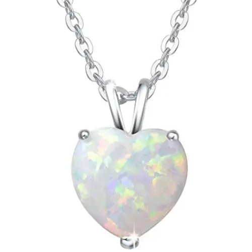 FANCIME Valentines Day Gifts Heart Necklace for Women Sterling Silver Created White Opal Necklace Cubic Zirconia CZ Danity Fine Jewelry for Women 16+2 inches Extender