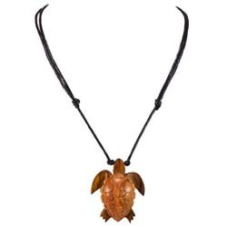 BlueRica Hand Carved Wood Sea Turtle Pendant on Adjustable Black Rope Cord Necklace