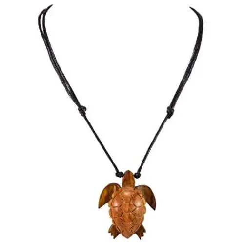 BlueRica Hand Carved Wood Sea Turtle Pendant on Adjustable Black Rope Cord Necklace BlueRica Hand Carved Wood Sea Turtle Pendant on Adjustable Black Rope Cord Necklace