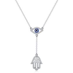PEIMKO Y Lariat 925 Sterling Silver Hamsa hand Evil Eye Pendant Necklace, Cubic Zirconia Protection Amulet Necklace for Women