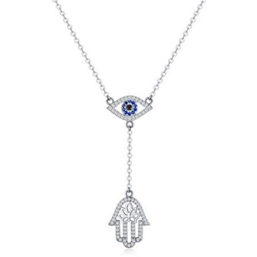 PEIMKO Y Lariat 925 Sterling Silver Hamsa hand Evil Eye Pendant Necklace, Cubic Zirconia Protection Amulet Necklace for Women