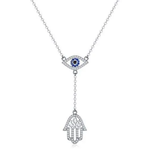 PEIMKO Y Lariat 925 Sterling Silver Hamsa hand Evil Eye Pendant Necklace, Cubic Zirconia Protection Amulet Necklace for Women PEIMKO Y Lariat 925 Sterling Silver Hamsa hand Evil Eye Pendant Necklace, Cubic Zirconia Protection Amulet Necklace for Women