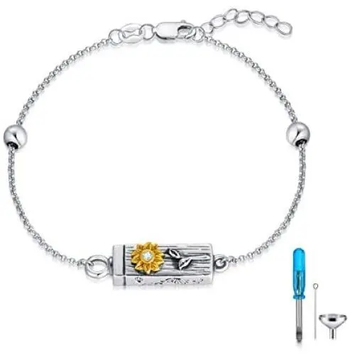 LONAGO Sunflower Bar Bracelet Cremation Urn Bracelet for Human Pet Ashes Keepsake Memorial Gift for Women Girl LONAGO Sunflower Bar Bracelet Cremation Urn Bracelet for Human Pet Ashes Keepsake Memorial Gift for Women Girl