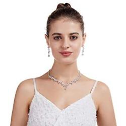 MOOCHI Wedding Silver Plated Clear Cubic Zircon Pendant Crystal Necklace Earrings Jewelry Set for Bridal Brides Women Girls bridesmaids Statement Costumes accessories Dress Gift