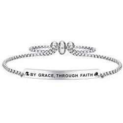 SOUSYOKYOSAM Dainty Cuff Bracelet - by Grace, Through Faith - Christian Bible Verse Gifts for Women Teen Girls