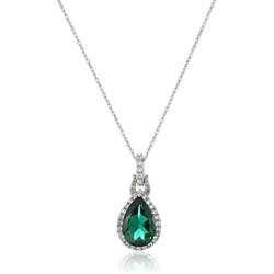 Jewelili 10K White Gold 12X8MM Pear Created Emerald with Round Created White Sapphire and Natural White Round Diamond Accent Drop Pendant Necklace, 18'' Rope Chain