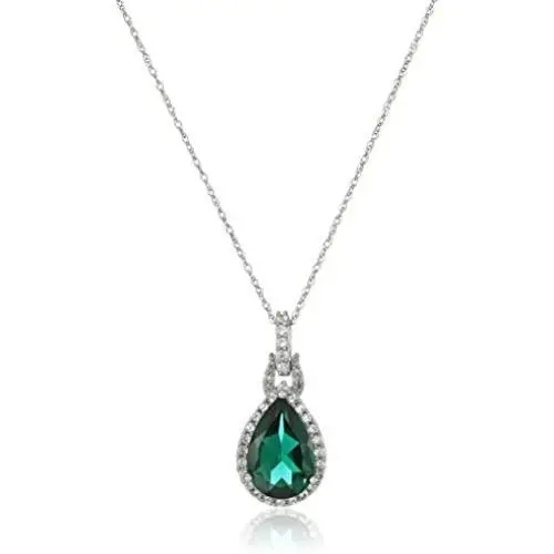 Jewelili 10K White Gold 12X8MM Pear Created Emerald with Round Created White Sapphire and Natural White Round Diamond Accent Drop Pendant Necklace, 18'' Rope Chain Jewelili 10K White Gold 12X8MM Pear Created Emerald with Round Created White Sapphire and Natural White Round Diamond Accent Drop Pendant Necklace, 18'' Rope Chain