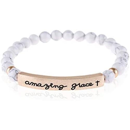 Inspirational Message Prayer Beaded Bracelet - Christian Bible Cuff Blessed, Faith, Love, Hope Natural Stone Bead Stretch Strand Bangle
