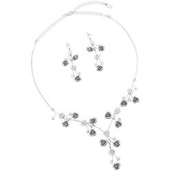 Rosemarie Collections Womens Elegant Crystal Rhinestone and Metal Relief Rose Statement Necklace Earrings Jewelry Set, 14.5'' - 18.5'' with 4'' Extender