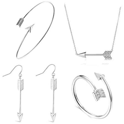 4pcs Arrow Pendant Necklace Bracelet Bangle Dangle Earrings Adjustable Mid Finger Rings for Women Dainty Jewelry Set