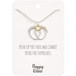 Happy Kisses Baby Feet Necklace with Heart - Cute Charm Pendant with Pro Life Message Card – Gold and Silver Finish