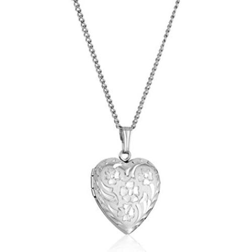 Sterling Silver Engraved Flowers Heart Locket Necklace, 18''