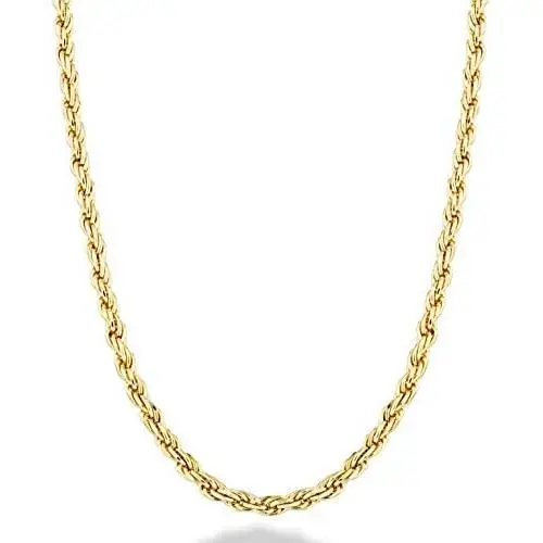 Miabella Solid 18K Gold Over Sterling Silver Italian 2mm, 3mm Diamond-Cut Braided Rope Chain Necklace for Men Women 16, 18, 20, 22, 24, 26, 28, 30 Inch 925 Sterling Silver Made in Italy