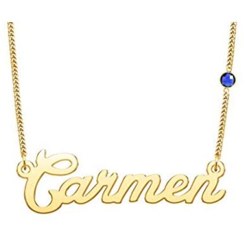 LuxglitterLin Personalized Name Necklace Made with Swarovski Birthstone Initial 18k Gold Plated Stainless Steel Jewelry 2mm Cuban Link Chain for Women