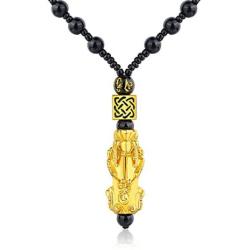 COLORFUL BLING Black Beads Obisidian Pi Xiu Pi Yao Pendant Necklace Hand Carved Mantra Attract Prosperity Wealth Amulet Necklace Protection Feng Shui Jewelry