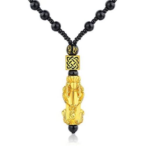 COLORFUL BLING Black Beads Obisidian Pi Xiu Pi Yao Pendant Necklace Hand Carved Mantra Attract Prosperity Wealth Amulet Necklace Protection Feng Shui Jewelry