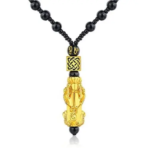 COLORFUL BLING Black Beads Obisidian Pi Xiu Pi Yao Pendant Necklace Hand Carved Mantra Attract Prosperity Wealth Amulet Necklace Protection Feng Shui Jewelry