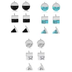 9 Pairs Marble Turquoise Stud Earrings Set Dainty Square Circle Triangle Shape Earrings Cut Brushed Finish Fine Earrings for Women Girls Jewelry