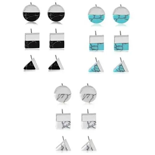 9 Pairs Marble Turquoise Stud Earrings Set Dainty Square Circle Triangle Shape Earrings Cut Brushed Finish Fine Earrings for Women Girls Jewelry 9 Pairs Marble Turquoise Stud Earrings Set Dainty Square Circle Triangle Shape Earrings Cut Brushed Finish Fine Earrings for Women Girls Jewelry