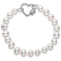 Pearl Bracelets Freshwater Cultured White Pearl Bracelet for Women Sterling Silver Heart Clasp Pearl Jewelry Gift for Girls Daughter Bridesmaid 7.1 Inches 6-7mm/7-8mm/8-9mm/9-10mm/10-11mm