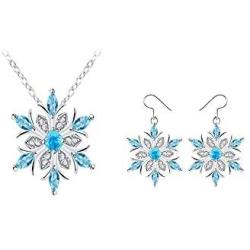 RTY Christmas Winter Holiday Silver Tone Blue Rhinestone Snowflake Necklace Earring Set