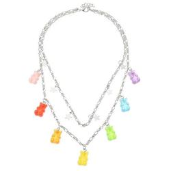 Multilayer Colorful Gummy Bear Pendant Necklace Transparent Resin Cute Cartoon Bear Star Beaded Metal Necklace for Girls Women Jewelry