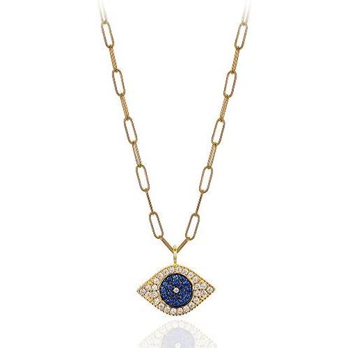 Anela Evil Eye Necklace with 14kt Gold Filled Paper Clip Chain, Cubic Zirconia Stones, Layering Necklace for Women, Hand Made in USA