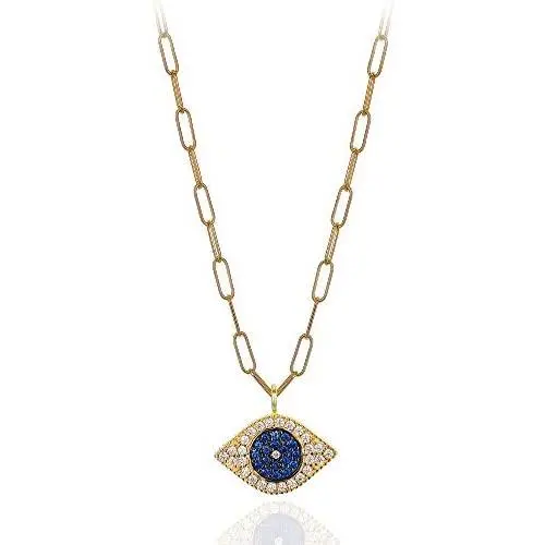 Anela Evil Eye Necklace with 14kt Gold Filled Paper Clip Chain, Cubic Zirconia Stones, Layering Necklace for Women, Hand Made in USA Anela Evil Eye Necklace with 14kt Gold Filled Paper Clip Chain, Cubic Zirconia Stones, Layering Necklace for Women, Hand Made in USA