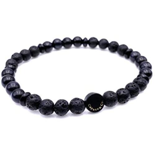 Mens Warrior Stone Lava Stretch Bead Bracelet Handcrafted in USA - Dark Blue / Black