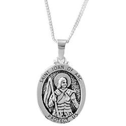 Dicksons Saint Joan of Arc Protect Us Engraved Pendant 18 Inch Oval Silver Oxidized Pewter Neckace in Jewelry Box with Prayer Card