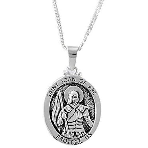 Dicksons Saint Joan of Arc Protect Us Engraved Pendant 18 Inch Oval Silver Oxidized Pewter Neckace in Jewelry Box with Prayer Card