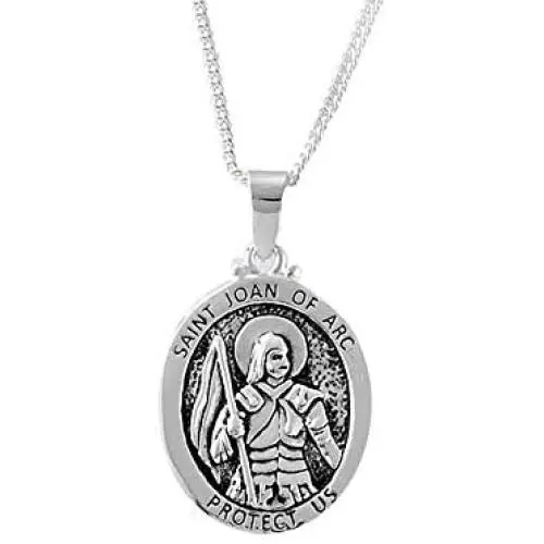 Dicksons Saint Joan of Arc Protect Us Engraved Pendant 18 Inch Oval Silver Oxidized Pewter Neckace in Jewelry Box with Prayer Card