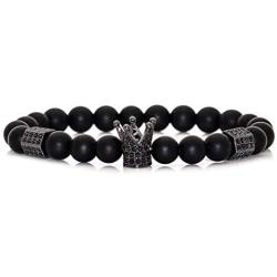 Nsitbbuery Fashion Crystal Crown Cuff Bracelet 8MM Matte Agate Stone Elastic Bracelet