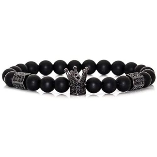 Nsitbbuery Fashion Crystal Crown Cuff Bracelet 8MM Matte Agate Stone Elastic Bracelet