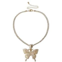 The Woos Rhinestone Butterfly Necklace Tennis Chain Hip Hop Bling Animal Butterfly Iced Out Crystal Collar Butterfly Pendant Necklace for Women Girl Rock Jewelry