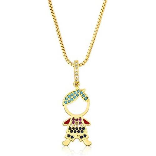 OUCHUANG 14K Yellow Gold Birthstone Cubic Zirconia CZ Boy and Girl Pendant Necklace or Chain for New Year Birthday Jewelry